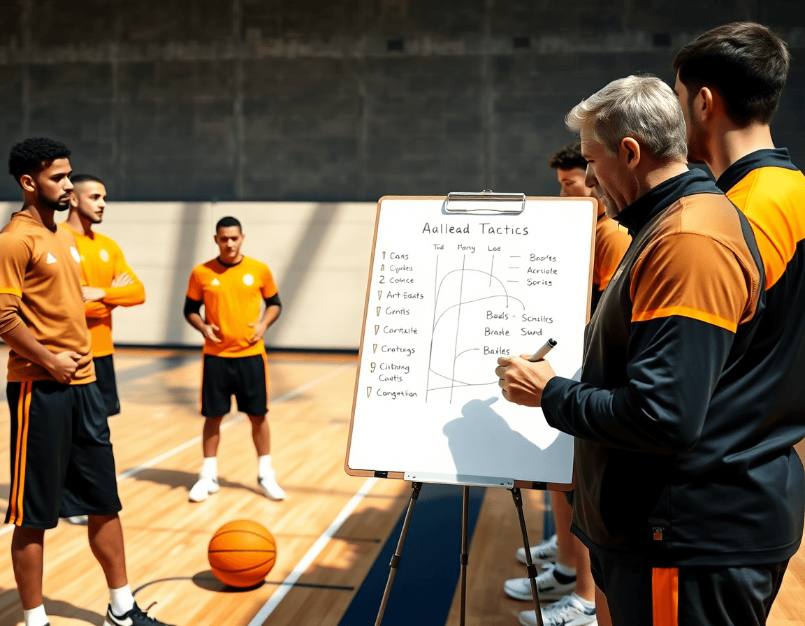 Lavagna basket personalizzata in primo piano durante l'allenamento di basketball con coach e giocatori.