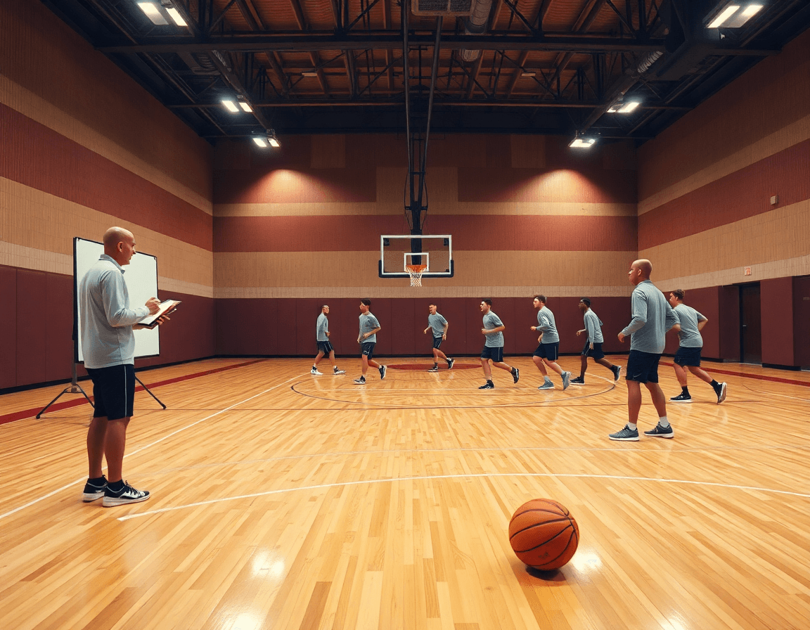 Lavagna basket personalizzata al centro della scena, coach gesticola mentre la squadra pratica basketball.