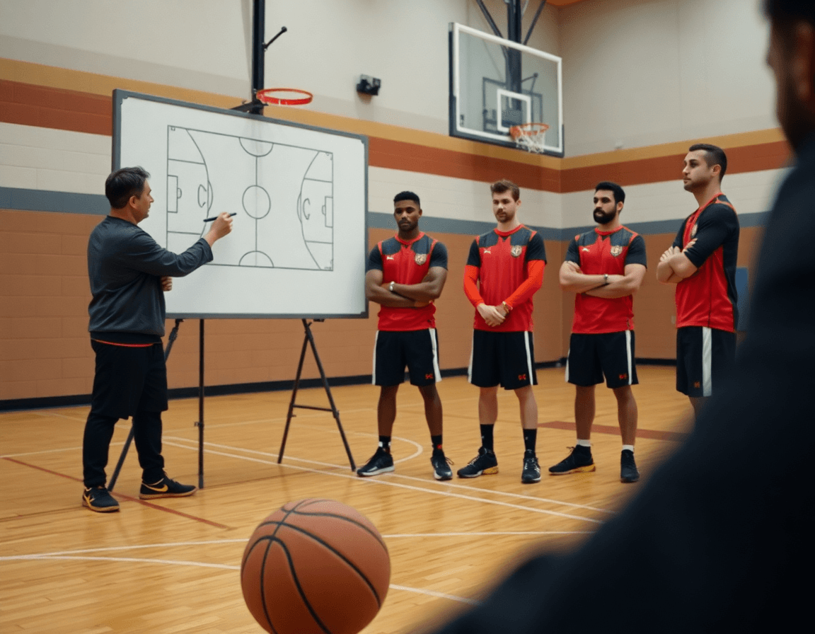 Dettaglio ravvicinato della lavagna schemi basket mentre l'allenatore disegna una giocata di basketball.