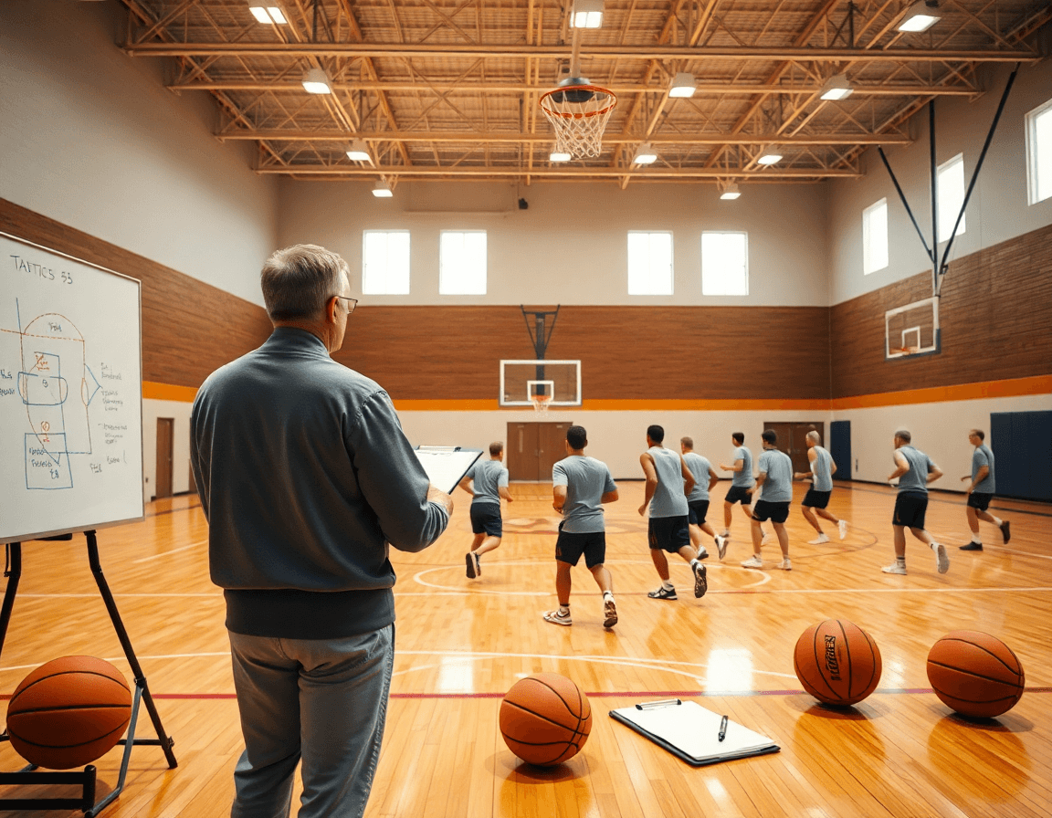 Scena ampia: lavagna schemi basket in primo piano e pallone arancione sul campo di basketball.