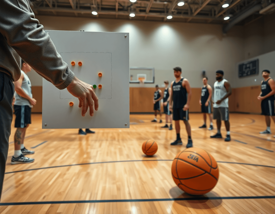 Dettaglio su lavagna tattica basket e mani del coach durante un allenamento di basketball.