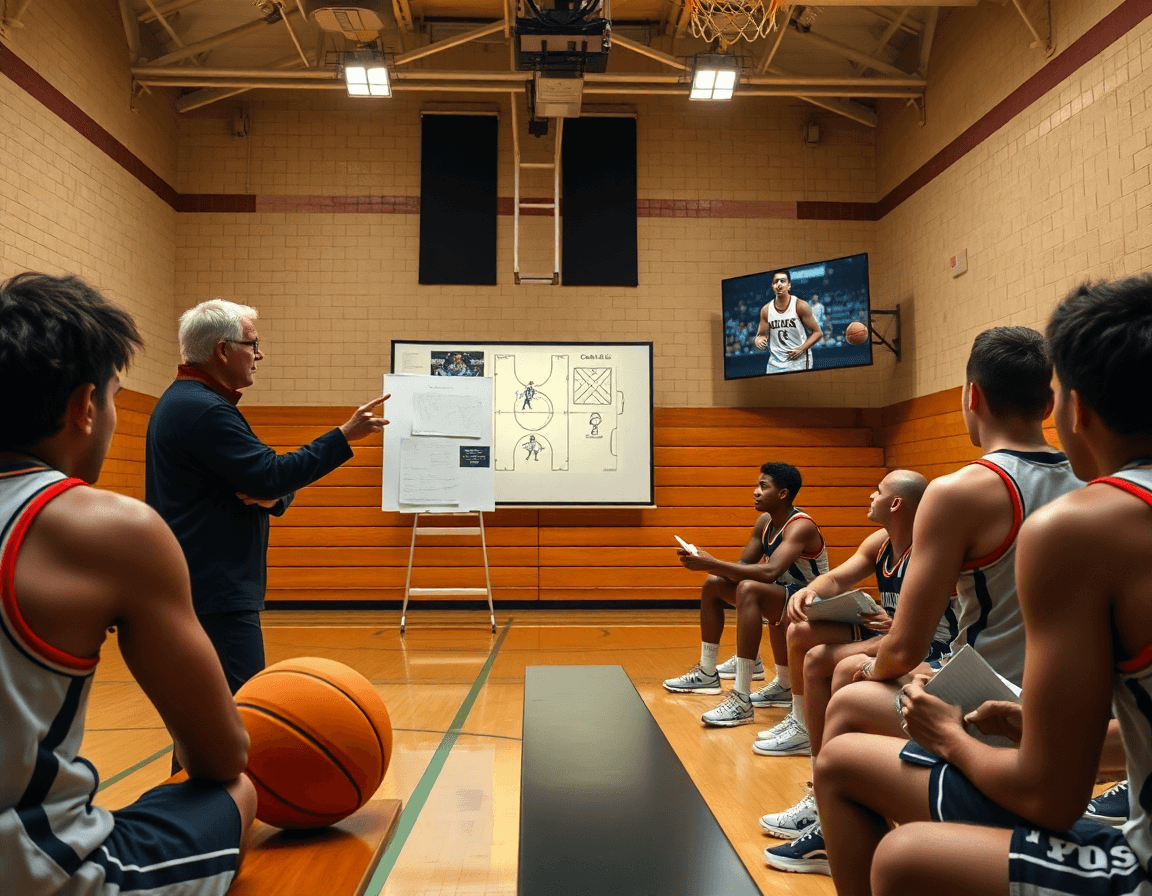 Allenatore collega clip video alle tattiche su lavagna tattica basket mentre i giocatori osservano basketball sullo schermo.