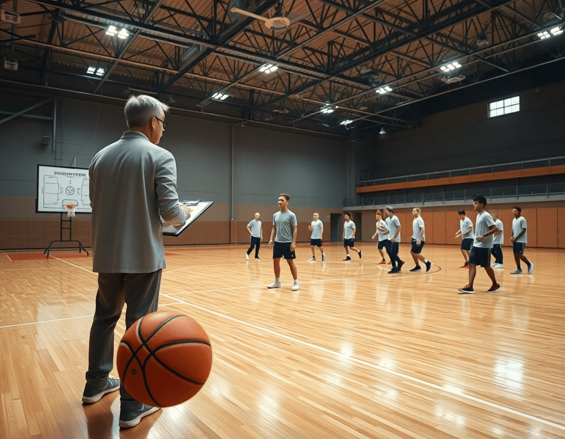 Lavagna tattica basket in primo piano, allenatore gestisce movimenti mentre la squadra pratica basketball.