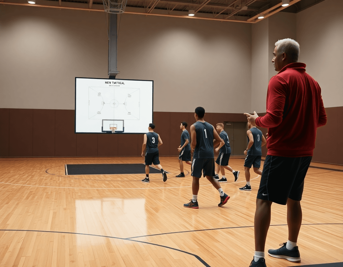 Allenatore mostra lavagna tattica basket lcd mentre i giocatori eseguono esercizi di basket sul parquet.
