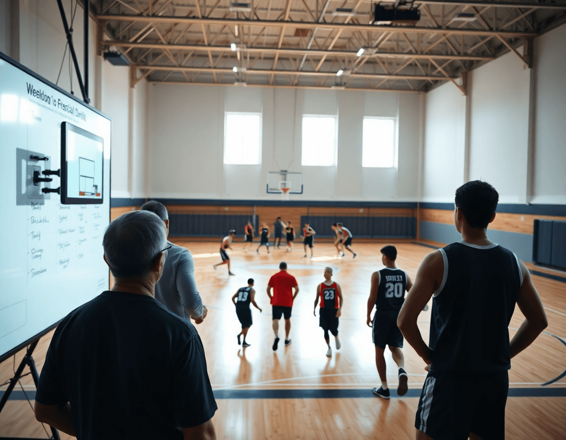 Allenatore accanto a lavagna tattica basket lcd traduce obiettivi settimanali in esercizi di basket sul parquet.