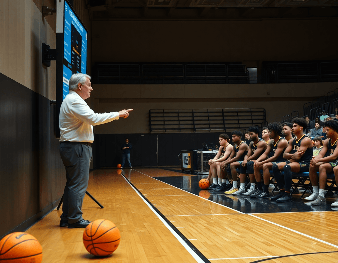 Allenatore indica lavagna tattica basket lcd con note sull'avversario durante timeout, giocatori sul campo di basket.