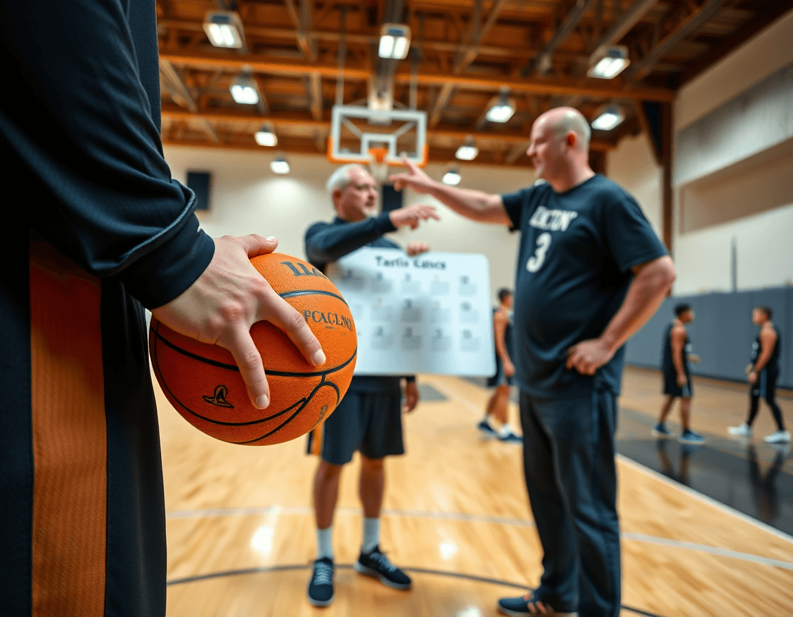 Primo piano su mani che tengono un pallone da basket, lavagna tattica basket online gratis sullo sfondo.