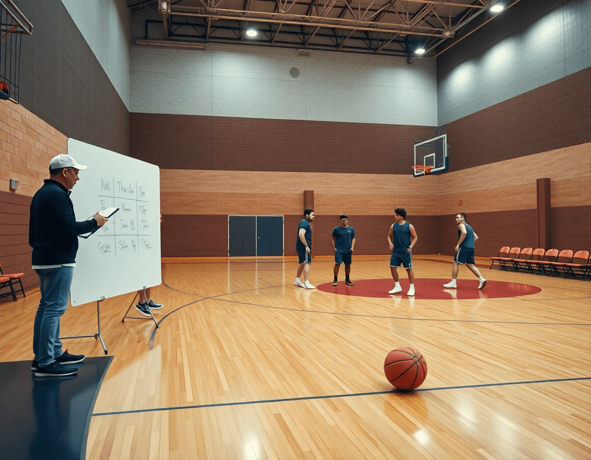 Luminoso scenario di palestra di basket con lavagna tattica basket online gratis sullo sfondo durante l'allenamento.