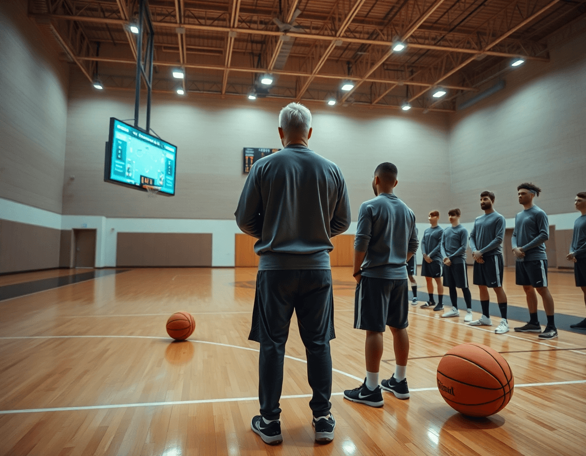 Una scena ampia di una palestra di basketball: coach accanto a una lavagna tattica digitale guida la squadra.