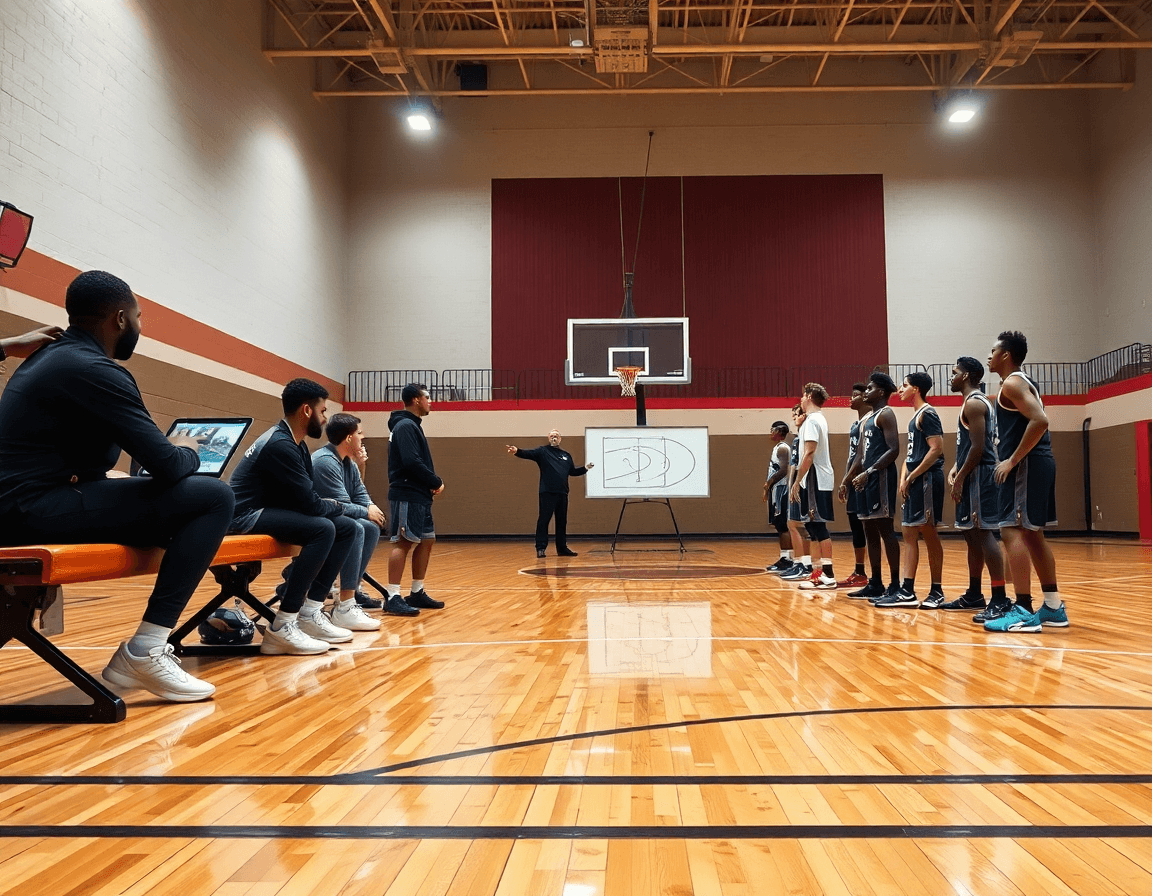Una lavagna tattica basket personalizzata mostra la clip mentre i giocatori imitano la pallacanestro sul campo.