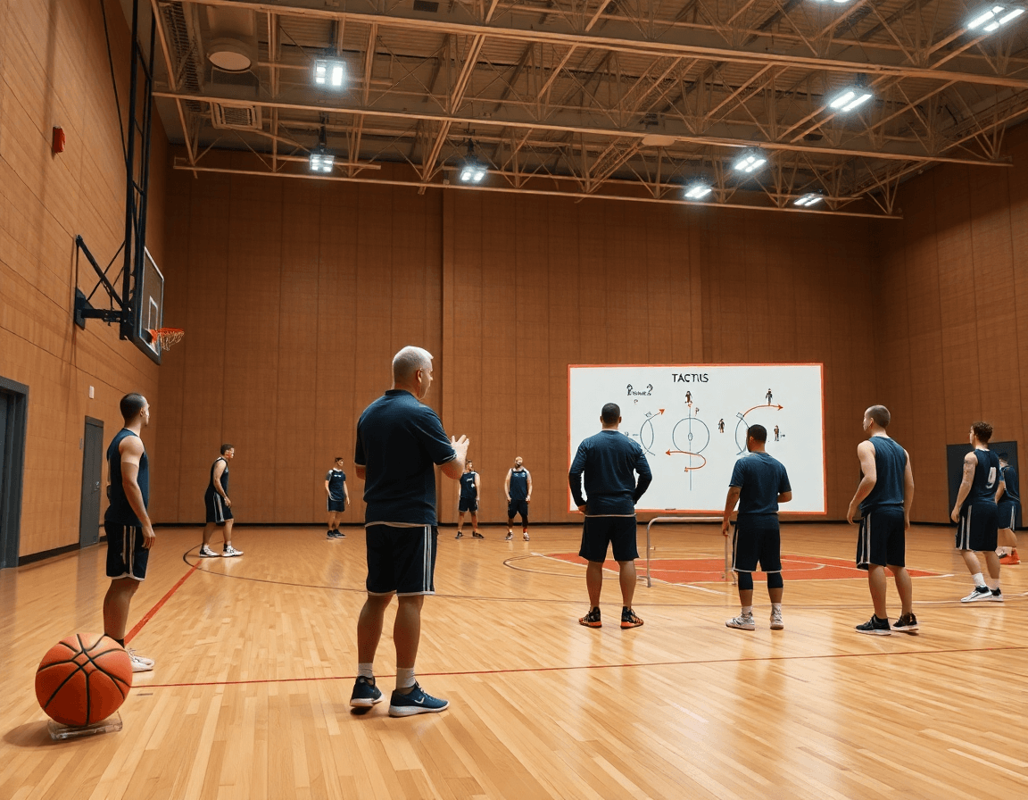 Una lavagna tattica basket personalizzata al centro dell'allenamento, coach guida l'azione durante la pallacanestro.
