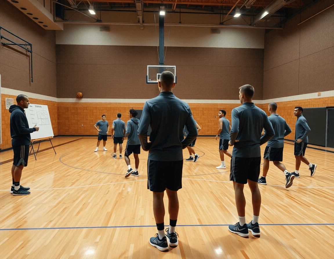 Primo piano su coach e giocatori mentre una lavagnetta tattica basket personalizzata guida una drill di basketball.