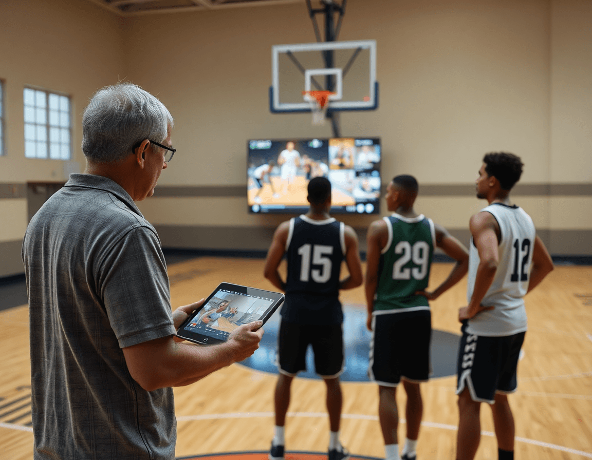 Coach usa tablet per clip video: lavagnetta tattica basket personalizzata e schermo sul parquet.