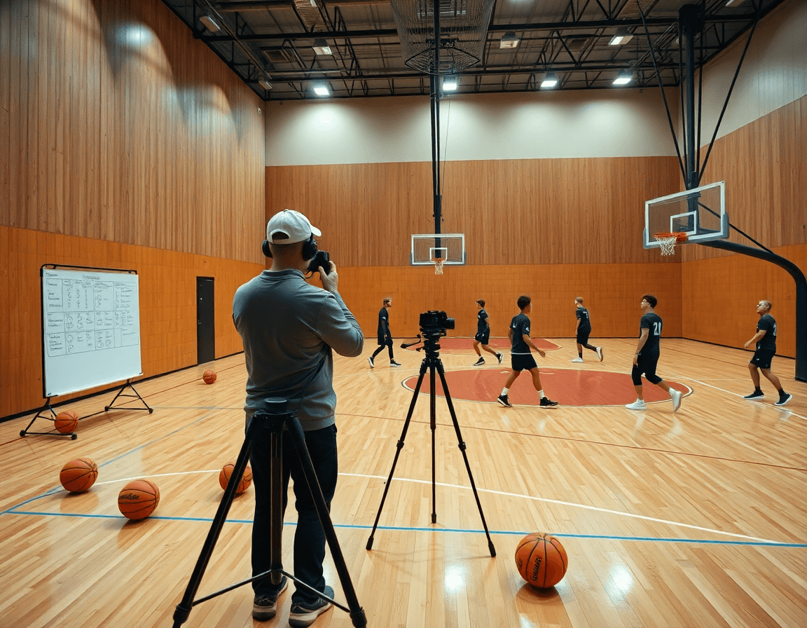 Lavagnetta tattica basket personalizzata in primo piano, coach e giocatori allenano su un pavimento di basketball.