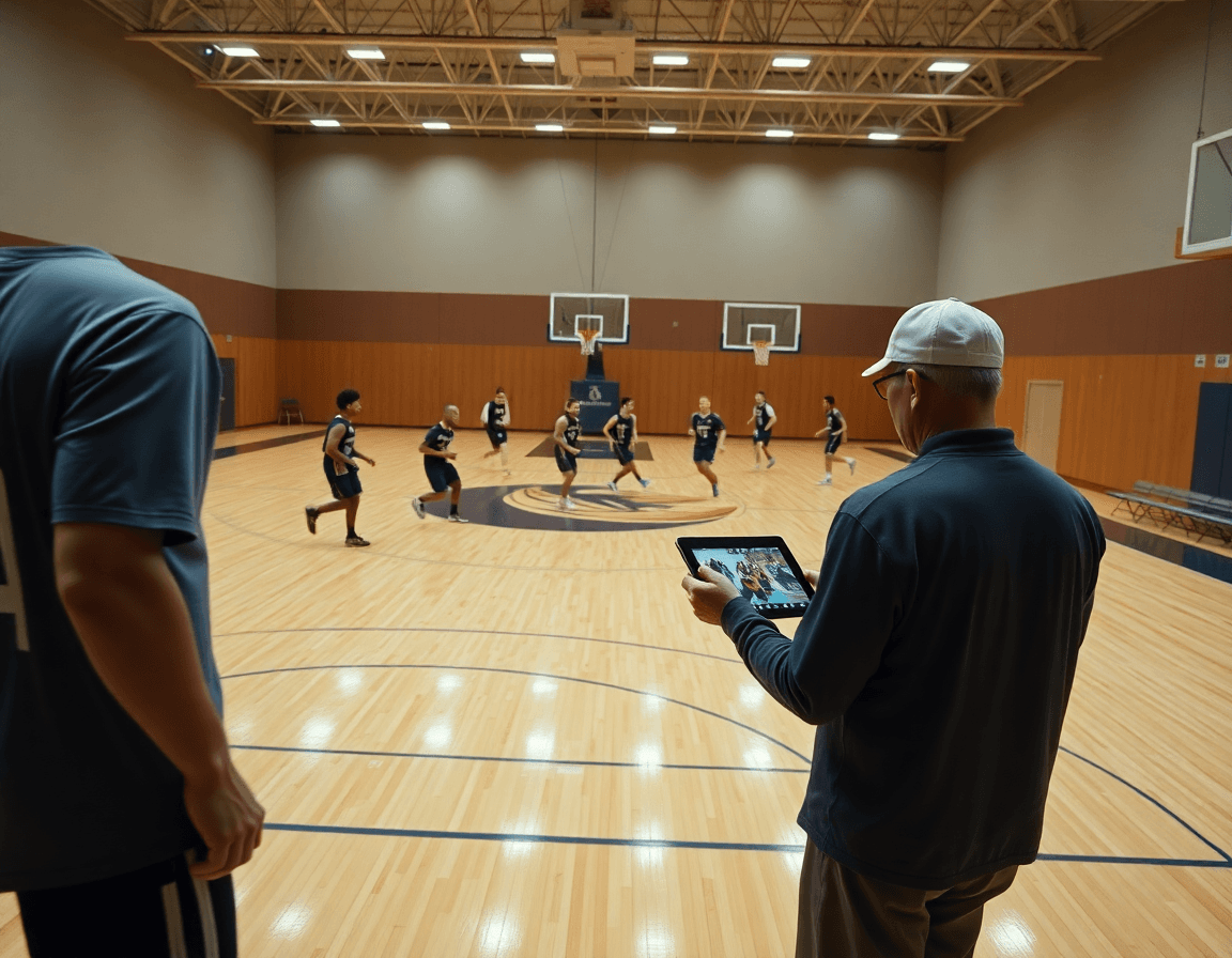 Scena ampia di minibasket in palestra, coach che controlla i video sul tablet durante l'allenamento di basketball.