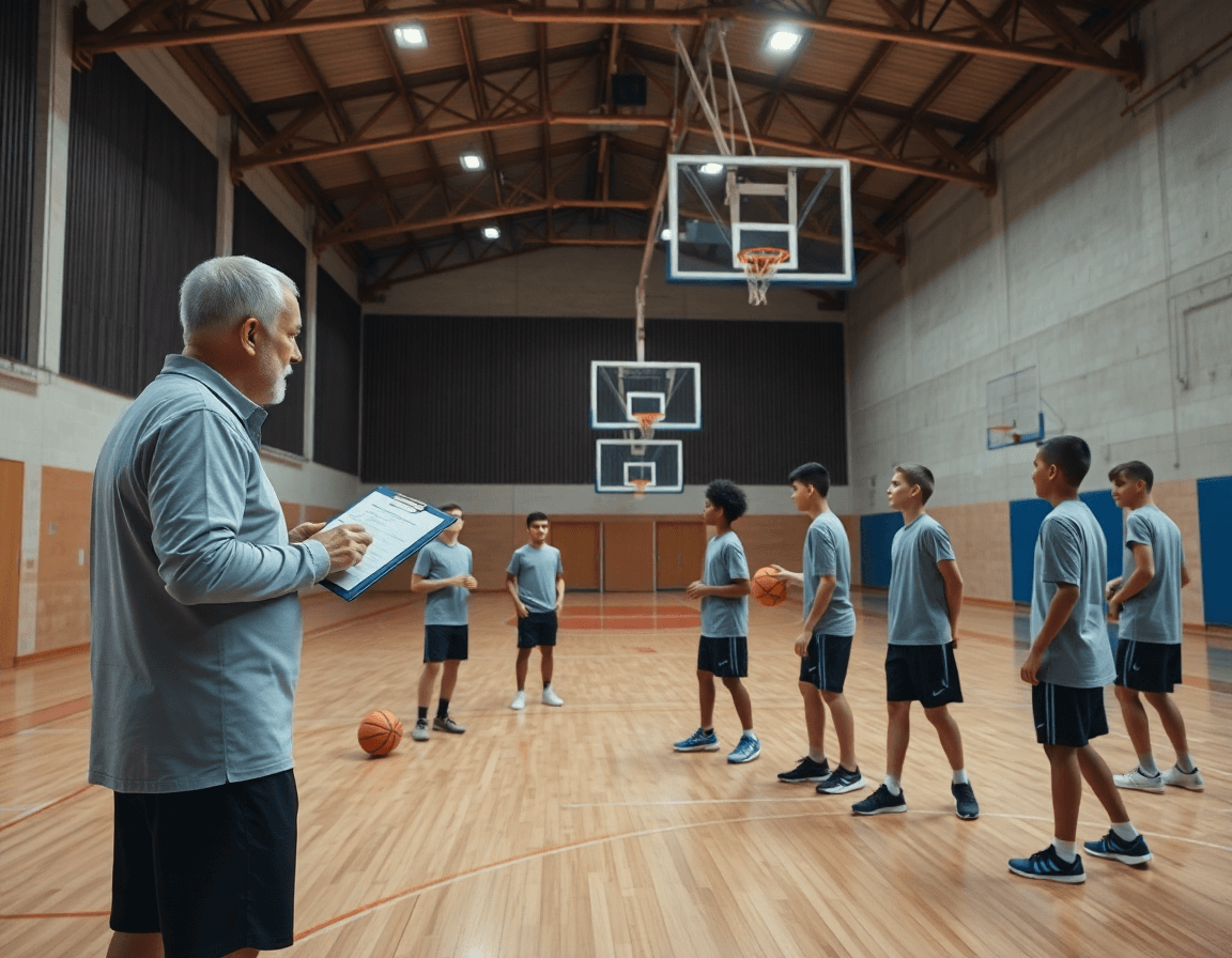 Scena di minibasket in piazza matera in palestra; allenatore dirige basketball con i ragazzi.