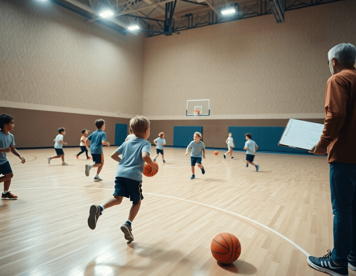 Minibasket info: scena di gioco reale con bambini e coach sullo sfondo della palestra.