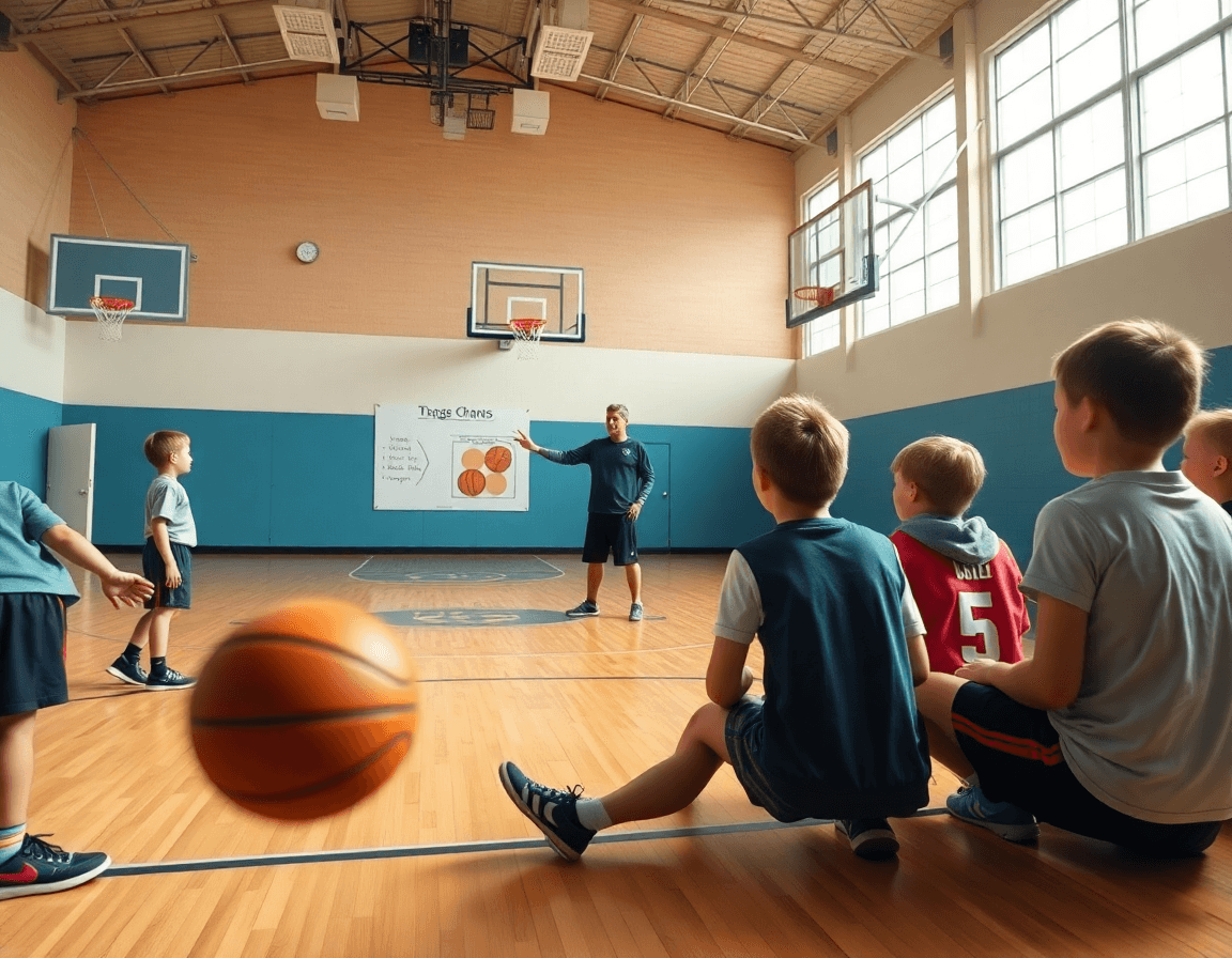 Minibasket info: coach guida giovani sul parquet in palestra durante una sessione di basketball.