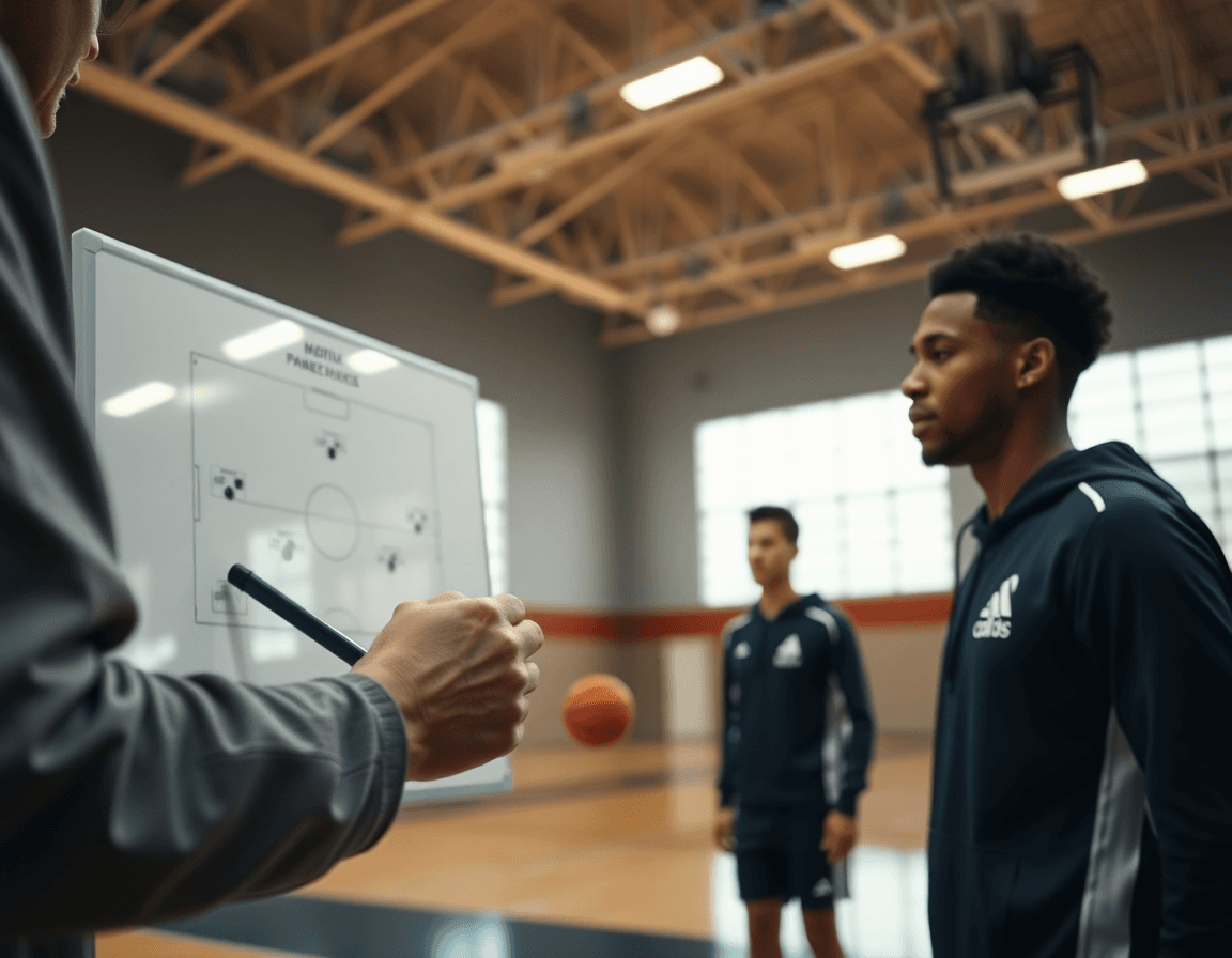 Dettaglio della scena: nuovo coach pallacanestro trieste guida una sessione pratica vicino al tabellone.