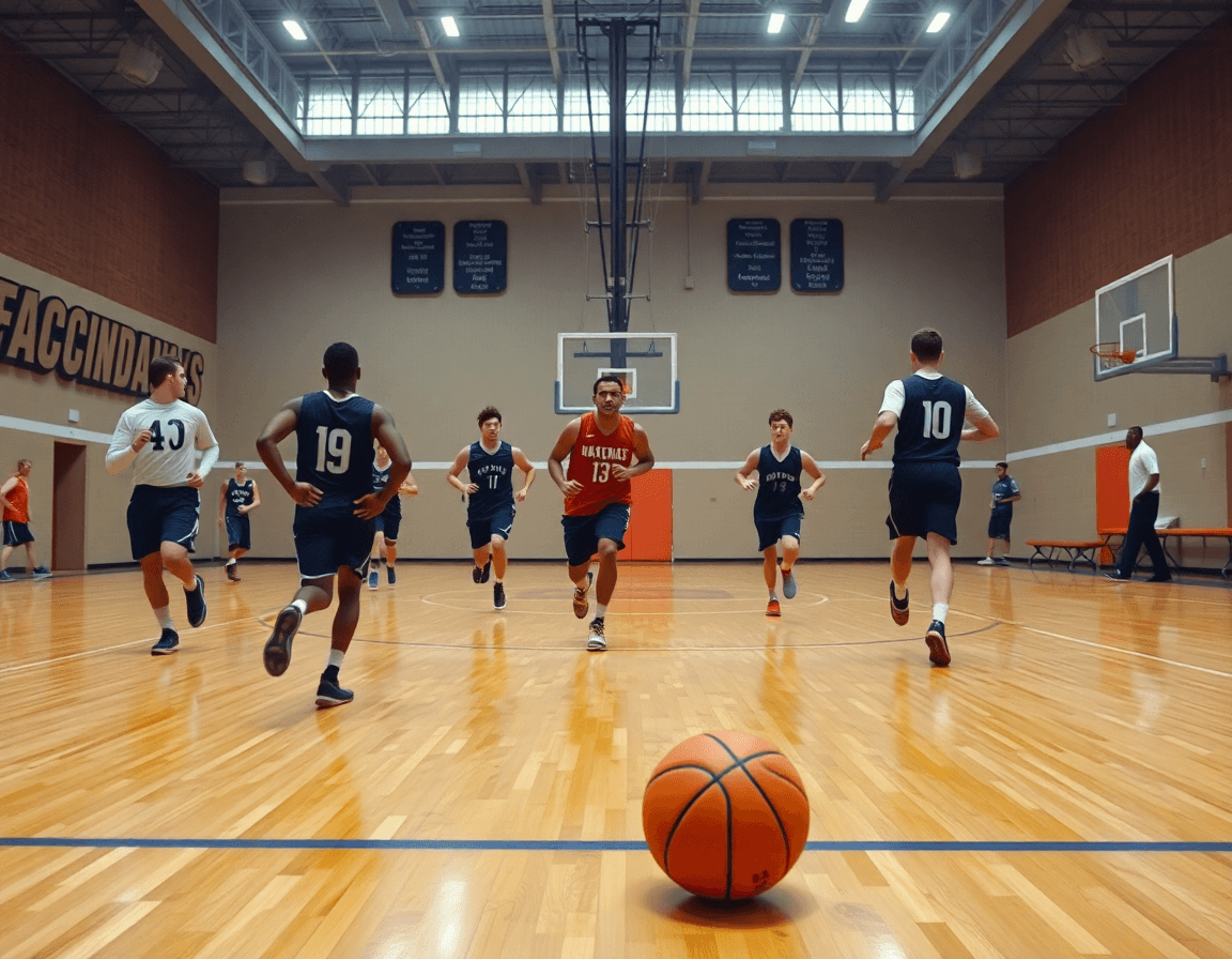 Scena ampia in palestra: nuovo coach pallacanestro trieste dirige pratica full-court con squadra concentrata.