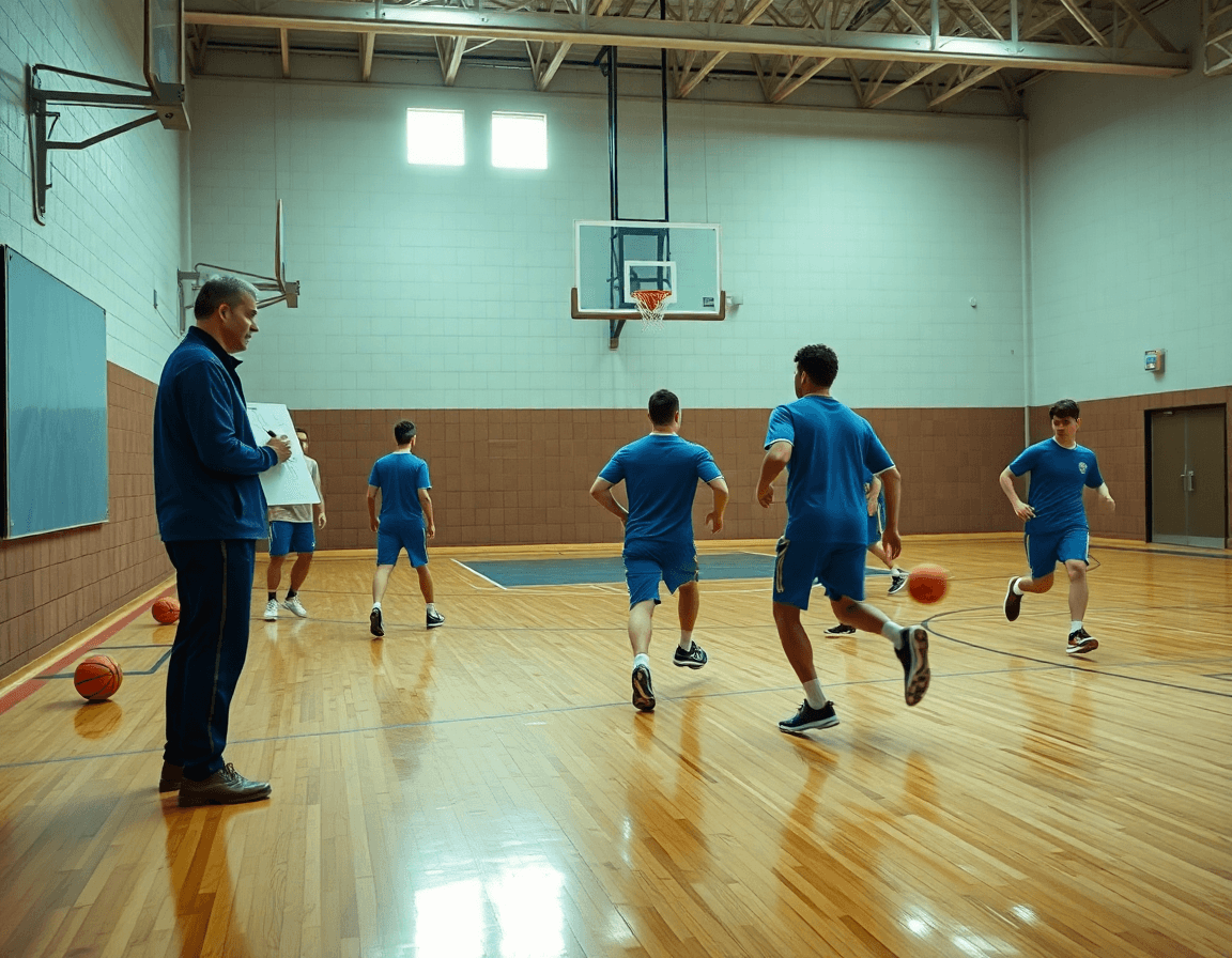 Scena ampia in palestra con nuovo coach pallacanestro trieste che guida una sessione di basketball.