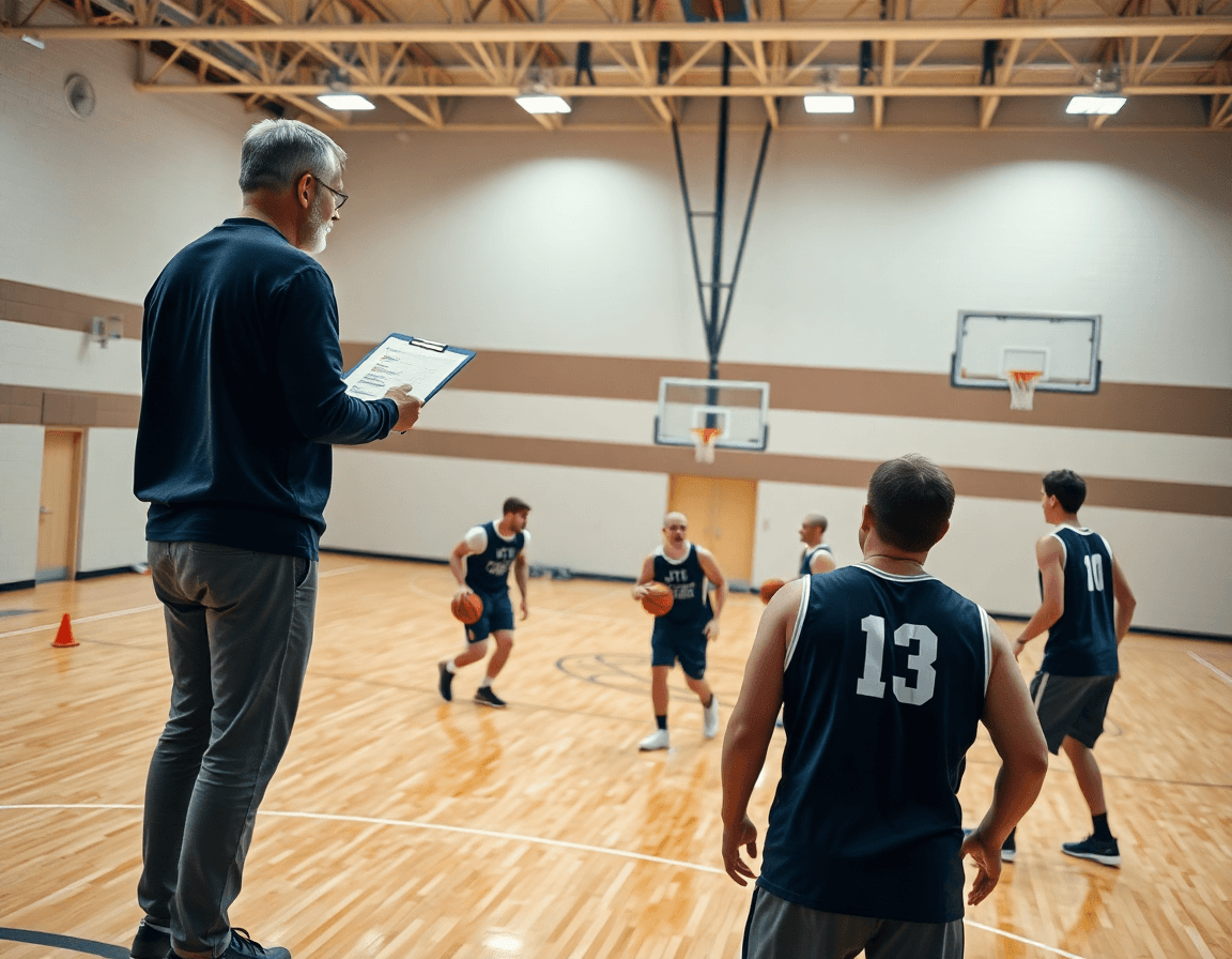 Allenatore in palestra di basketball usa whiteboard per spiegare la tecnica del pick and roll.