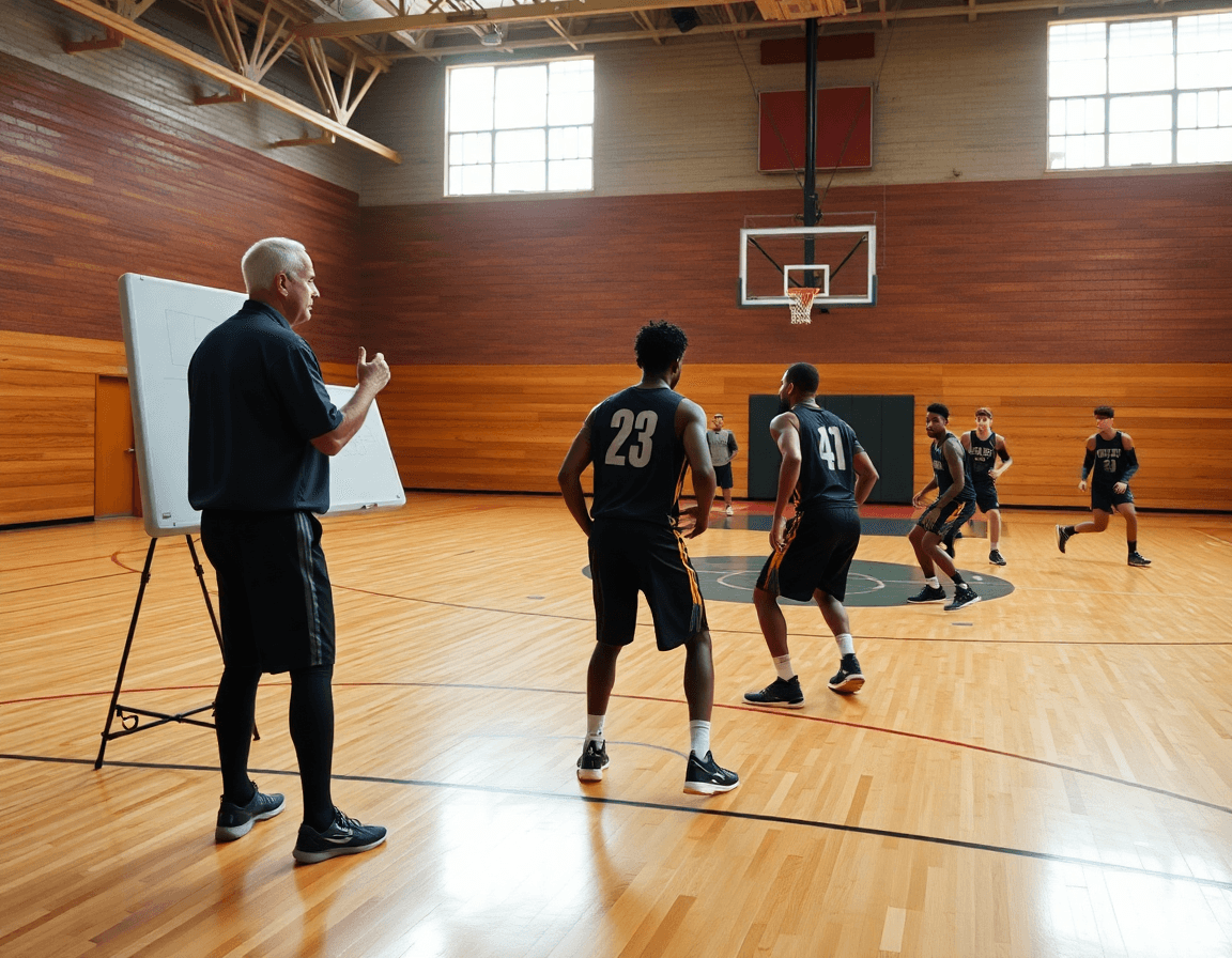 Allenatore analizza clip di scouting sul laptop, preparando una playlist di video per l'allenamento di basketball.