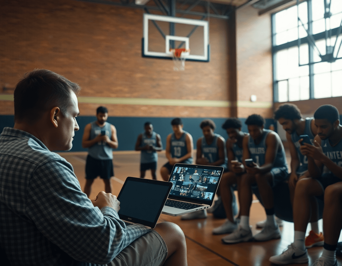 Allenatore prepara una playlist di clip di basketball scouting sul laptop per l'allenamento.