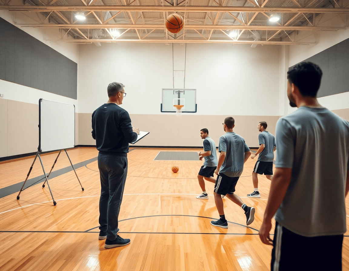 Allenatore con pallone osserva basketball pratica mentre spiega tujuan pick and roll dalam permainan bola basket adalah.