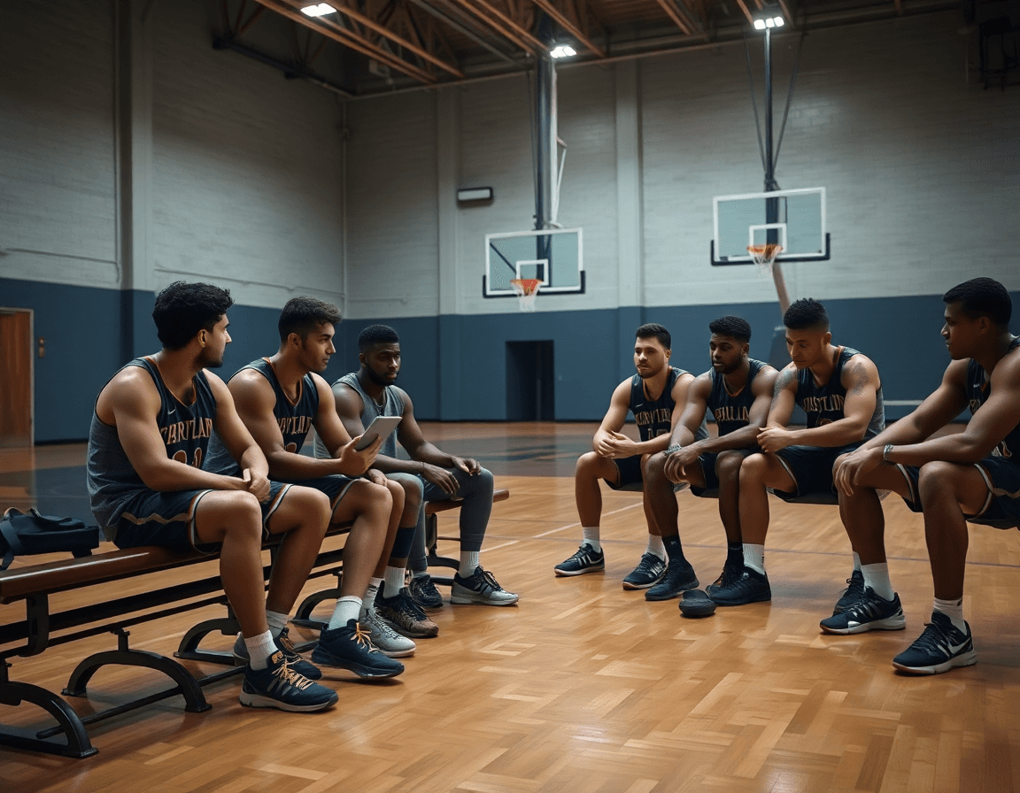 Allenatore mostra clip su tablet ai giocatori di online basket, canestro e pavimento in cemento in vista.