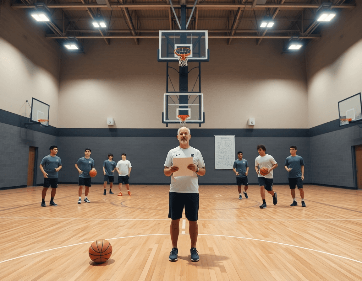 Scena ampia da palestra per online basket, coach con clipboard guida la squadra in allenamento.