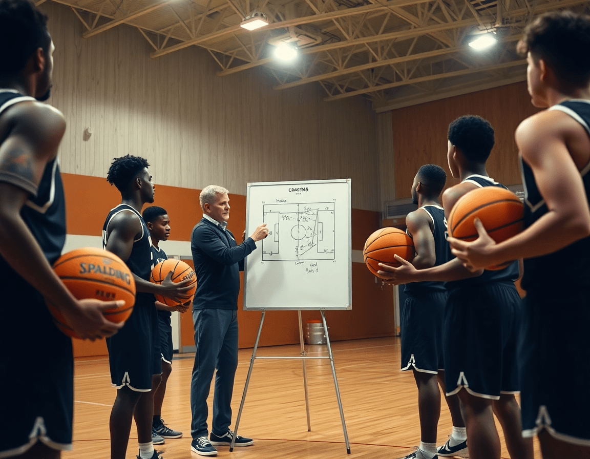 Primo piano su allenatore che disegna una giocata di esercizi basket sul tabellone tattico, giocatori con palle arancioni.