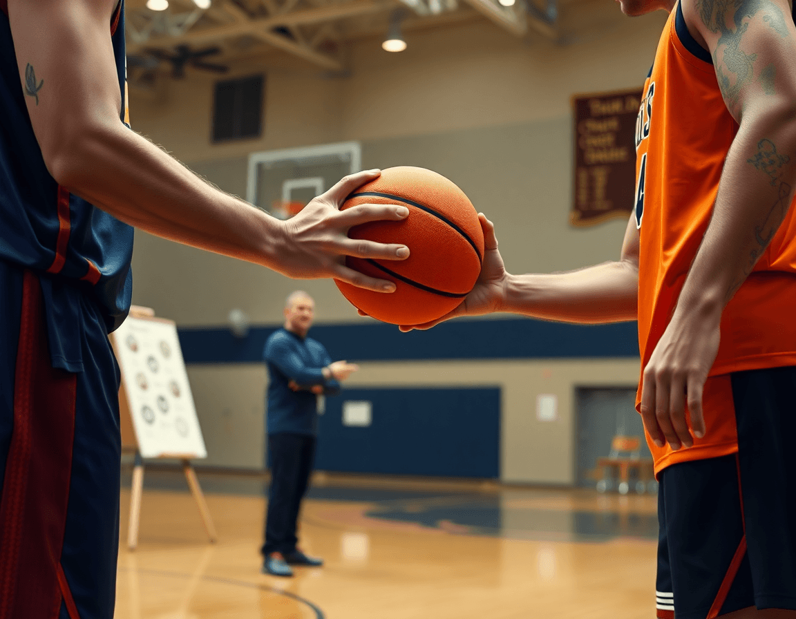 Primo piano su due giocatori che si passano un pallone arancione vicino al vertice, lavagna di esercizi basket.