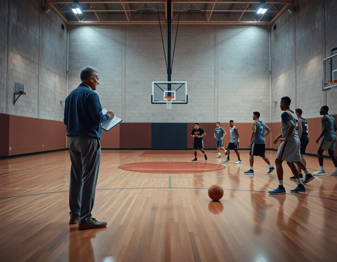Scena ampia di esercizi difesa basket under 14 in palestra con coach e squadra.