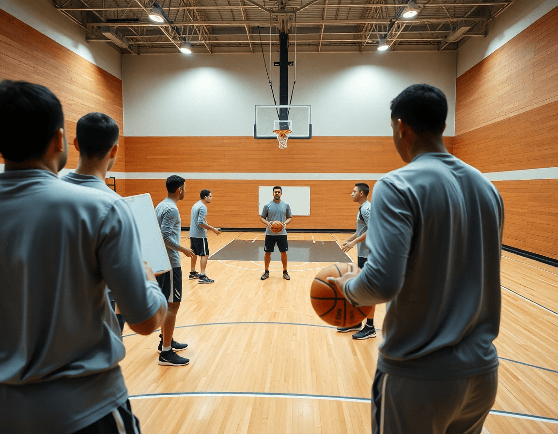 Primo piano su esercizi palleggio esordienti basket durante drill guidato dall'allenatore, con mani al rallentatore.