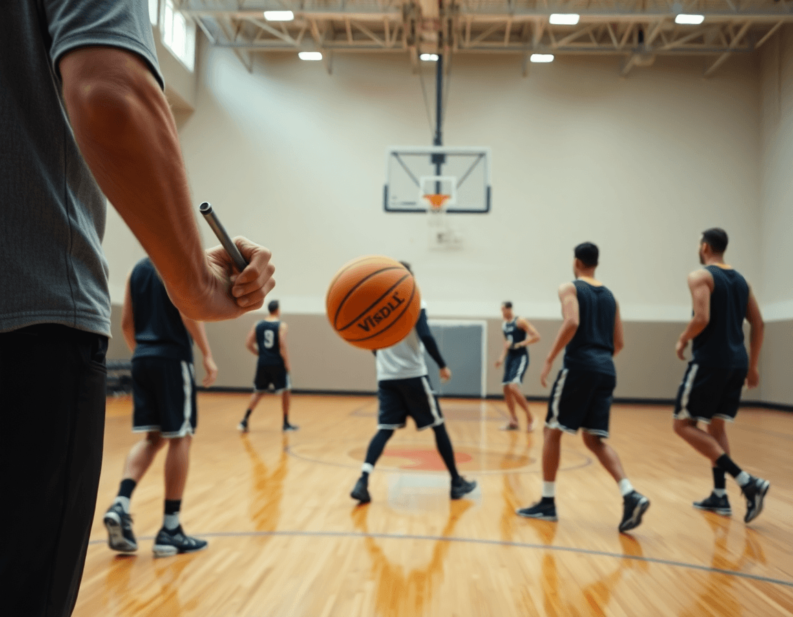 Coach disegna esercizi palleggio esordienti basket su lavagna tattica mentre i giocatori si muovono.