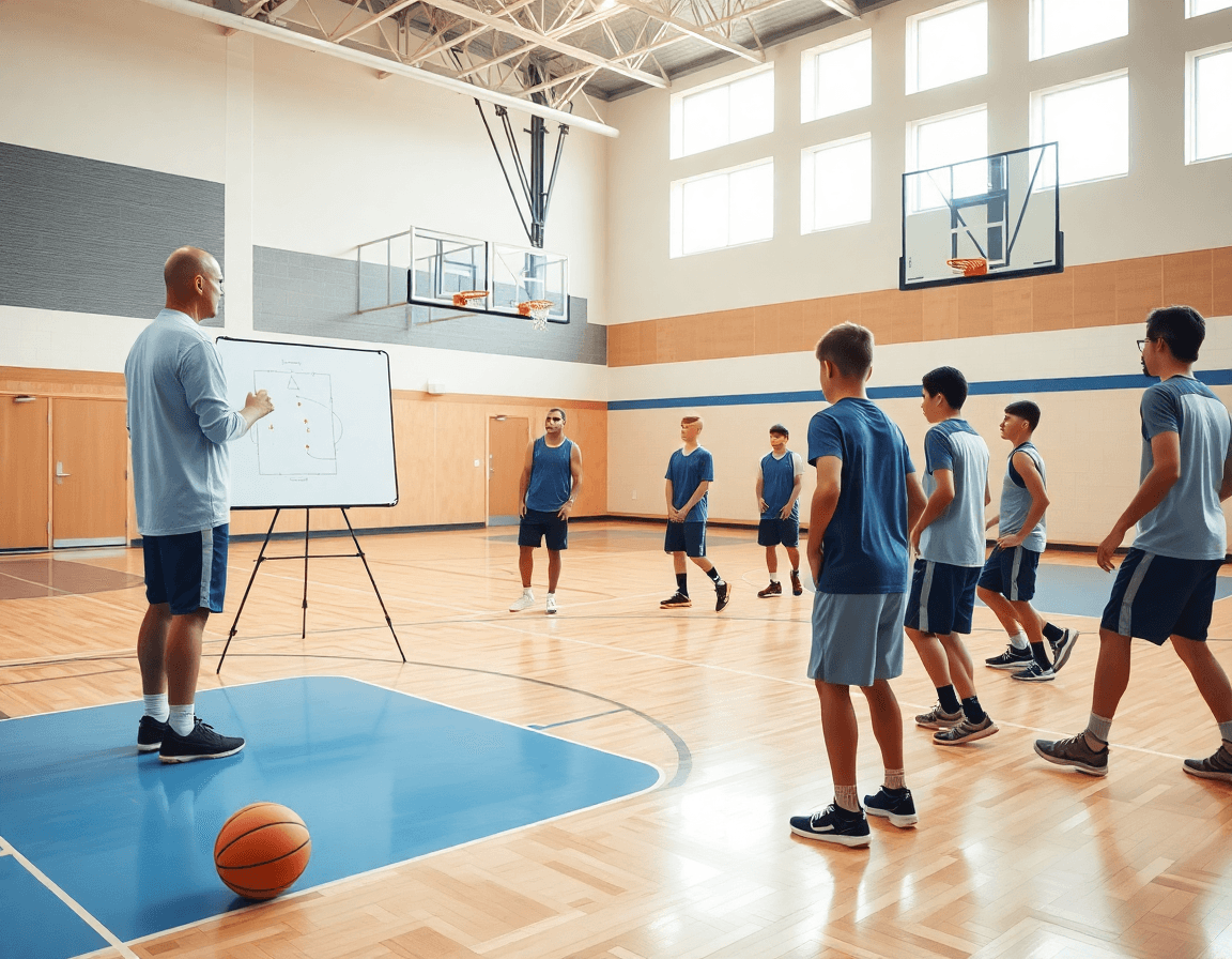 Scena ampia di basket in palestra: allenatore e squadra guidano esercizi palleggio esordienti basket.
