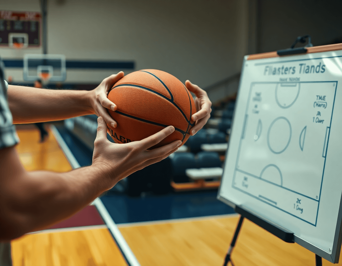 Primo piano sulle mani che passano una pallacanestro mentre l'allenatore spiega una tattica di pallacanestro sul parquet.