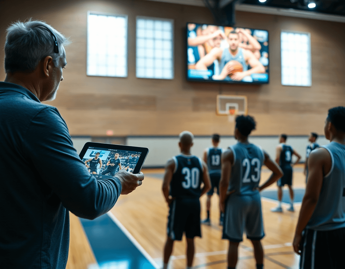 Allenatore seleziona clip di pallacanestro su tablet mentre i giocatori guardano pallacanestro sullo schermo.