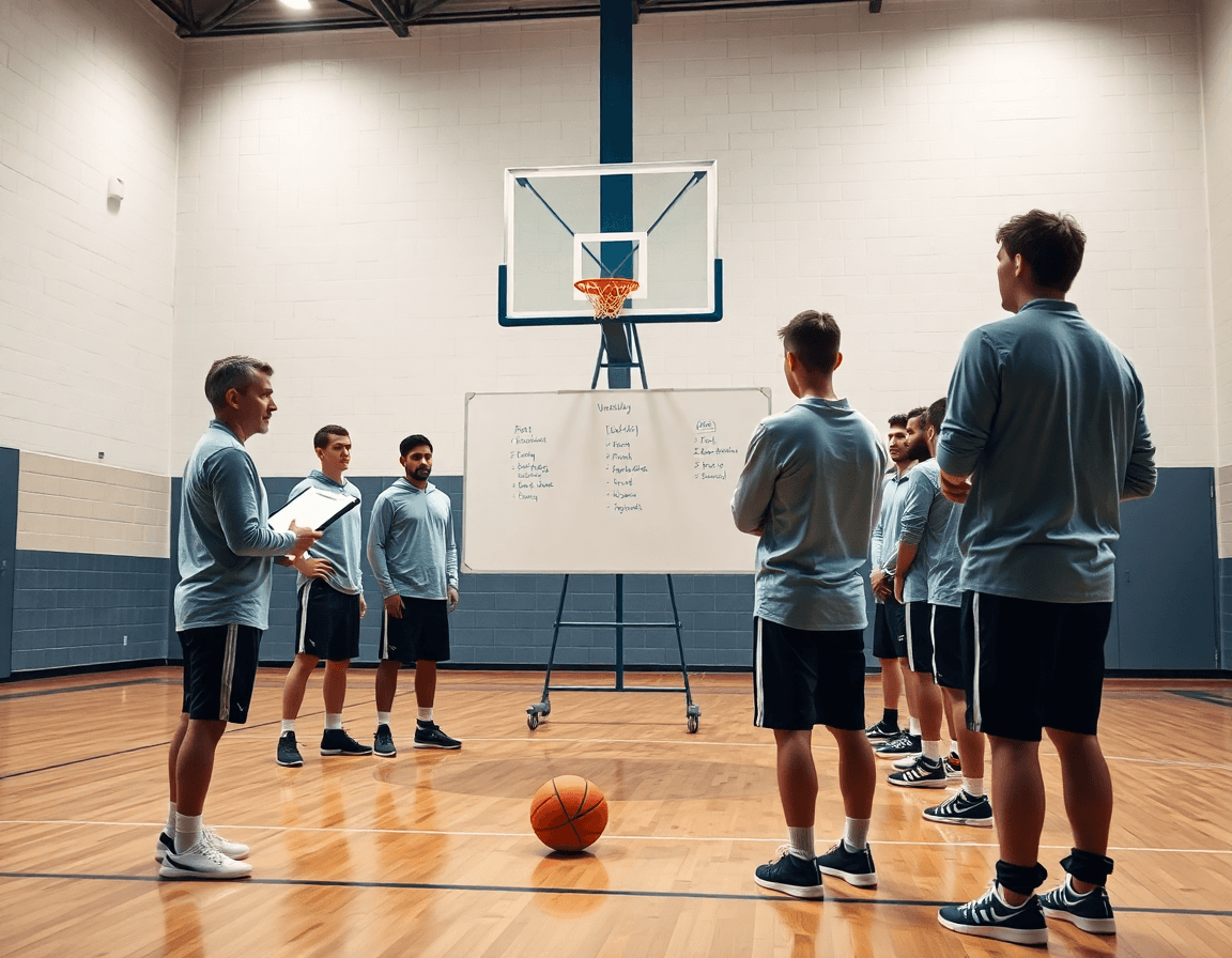Scena ampia di pallacanestro in palestra: coach con clipboard e squadra durante la pianificazione settimanale.