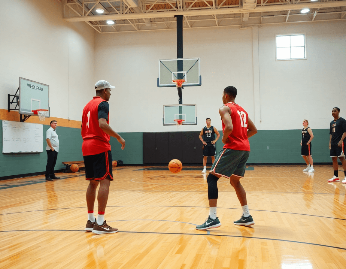 Scena di basketball in palestra: l'allenatore indica il piano settimanale guidando due giocatori nel pick and roll.