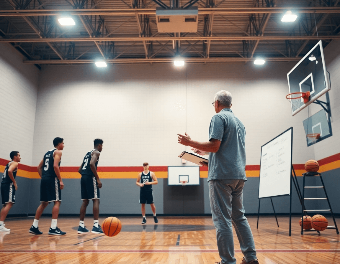 Scena di basketball in palestra: l'allenatore indica il piano settimanale guidando due giocatori nel pick and roll.