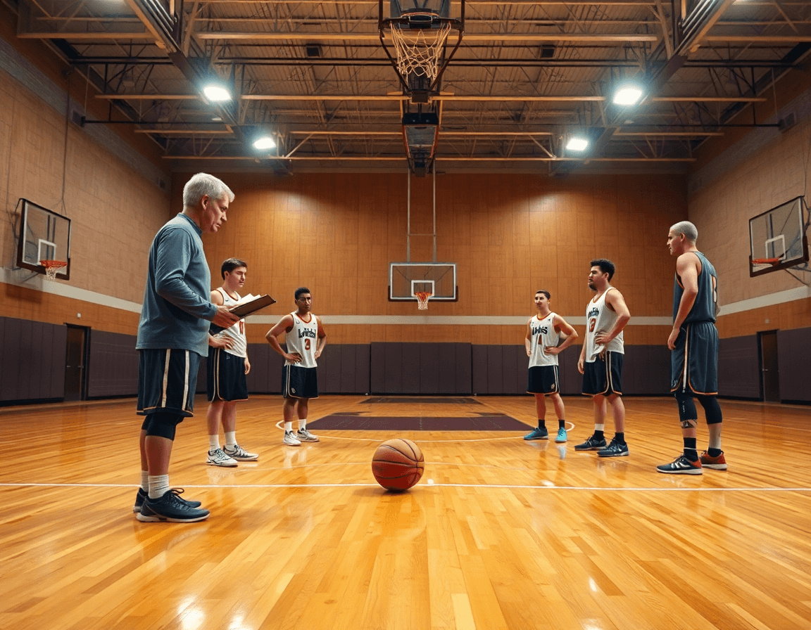 Allenatore mostra libri tattica basket trasformati in una spiegazione pratica durante l'allenamento di basketball.