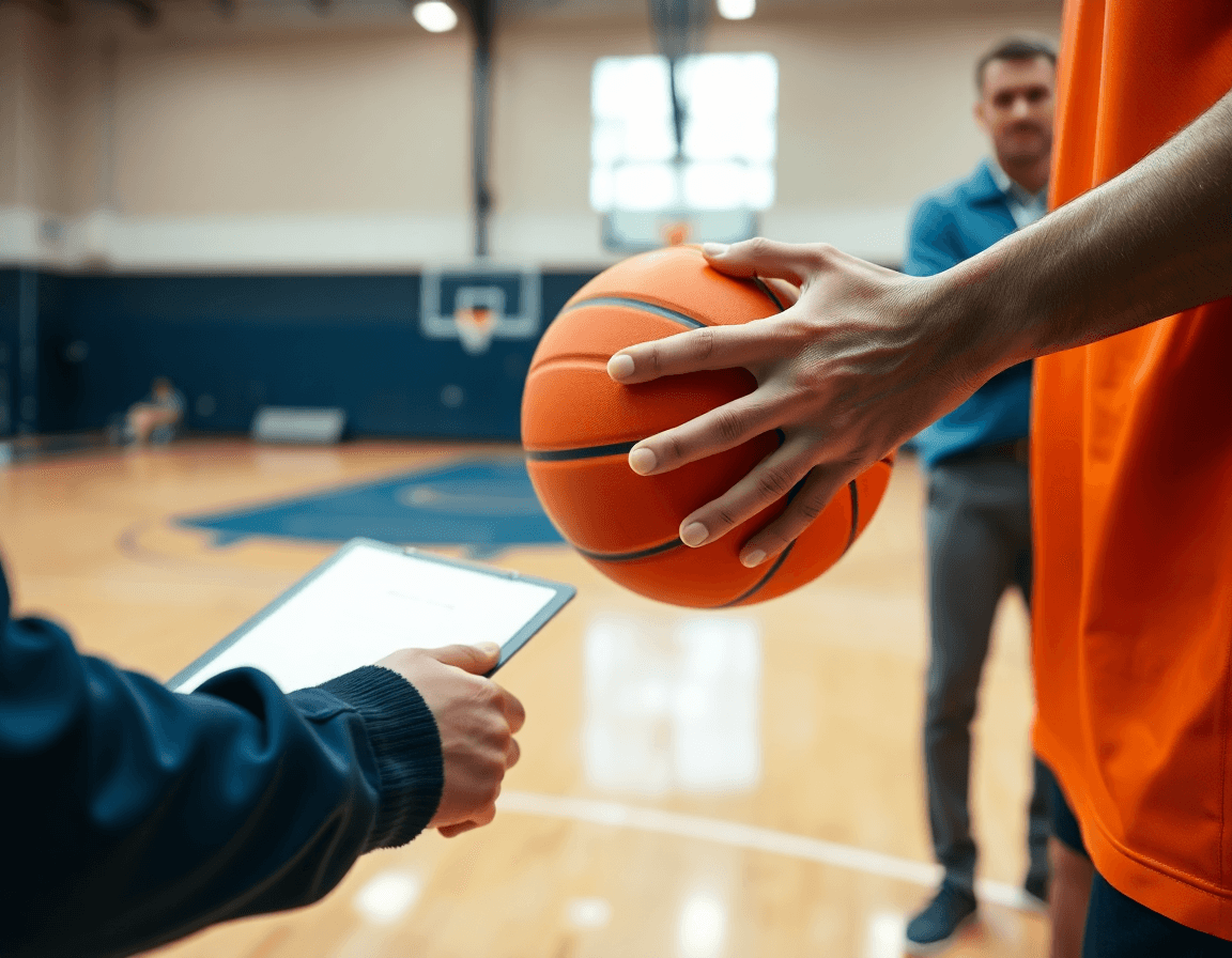 Coach osserva mentre i libri tattica basket prendono vita tramite clip di scouting sullo schermo.