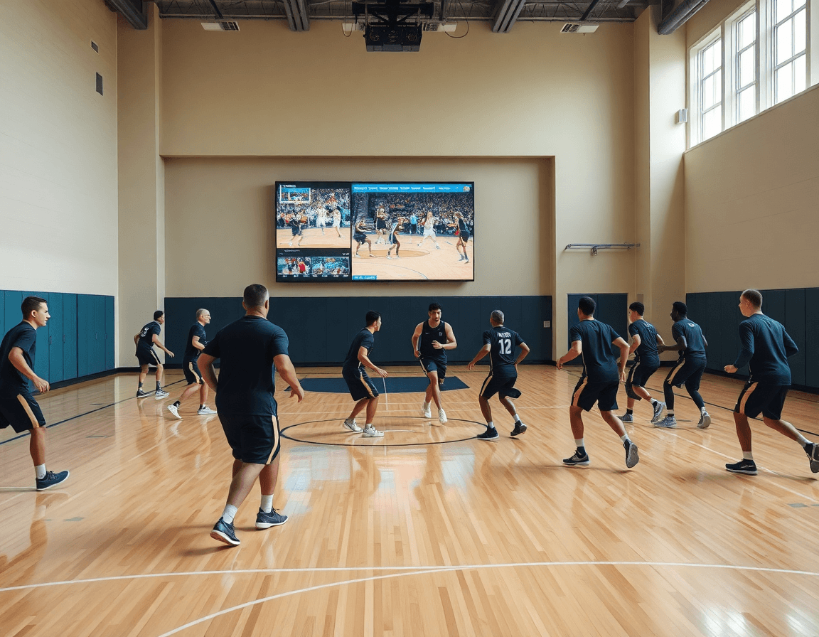 La scena mostra libri tattica basket trasformati in video di scouting visibili al team.