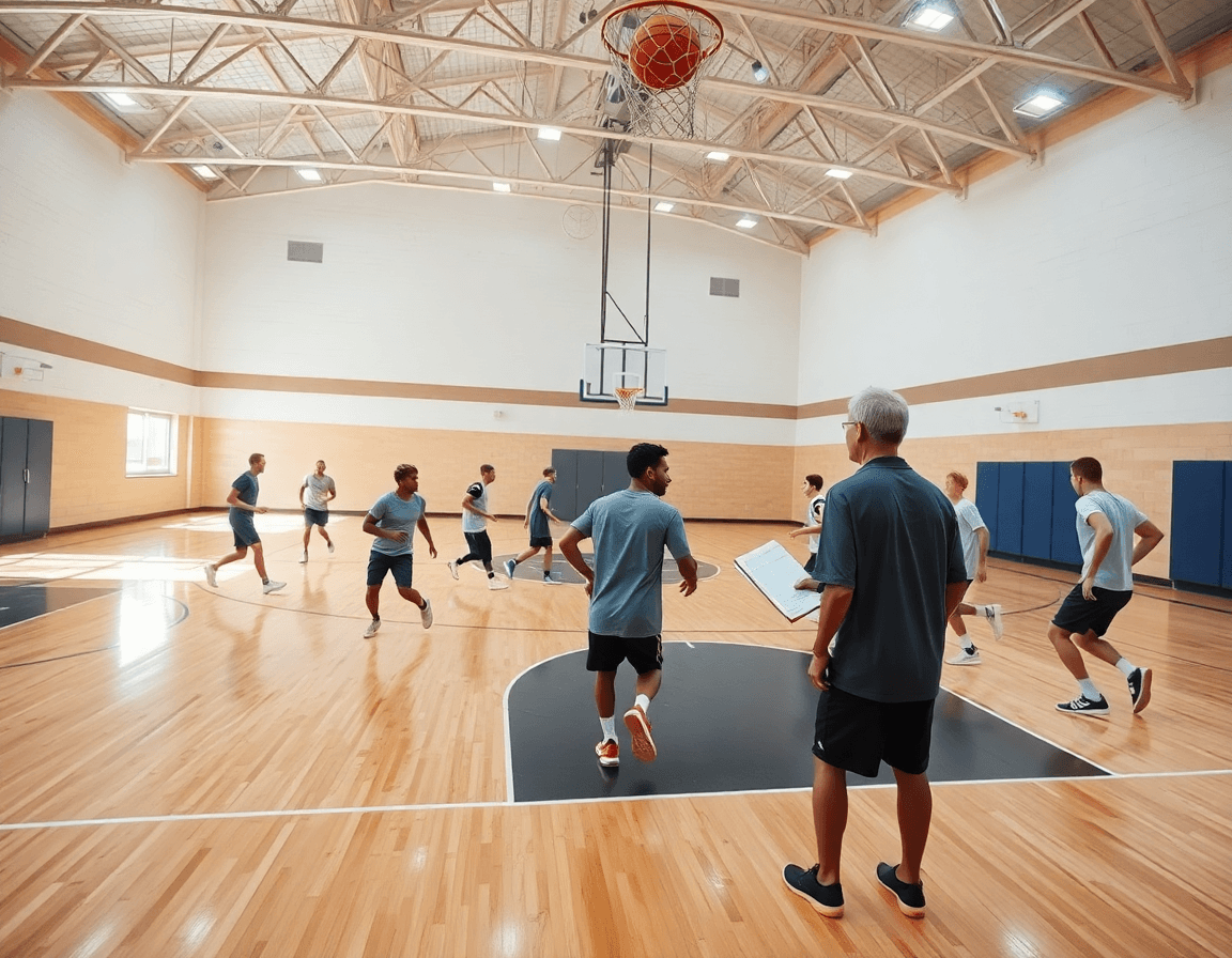 Libri tattica basket ispirano l'allenamento: coach mostra tattiche su una whiteboard durante la pratica.