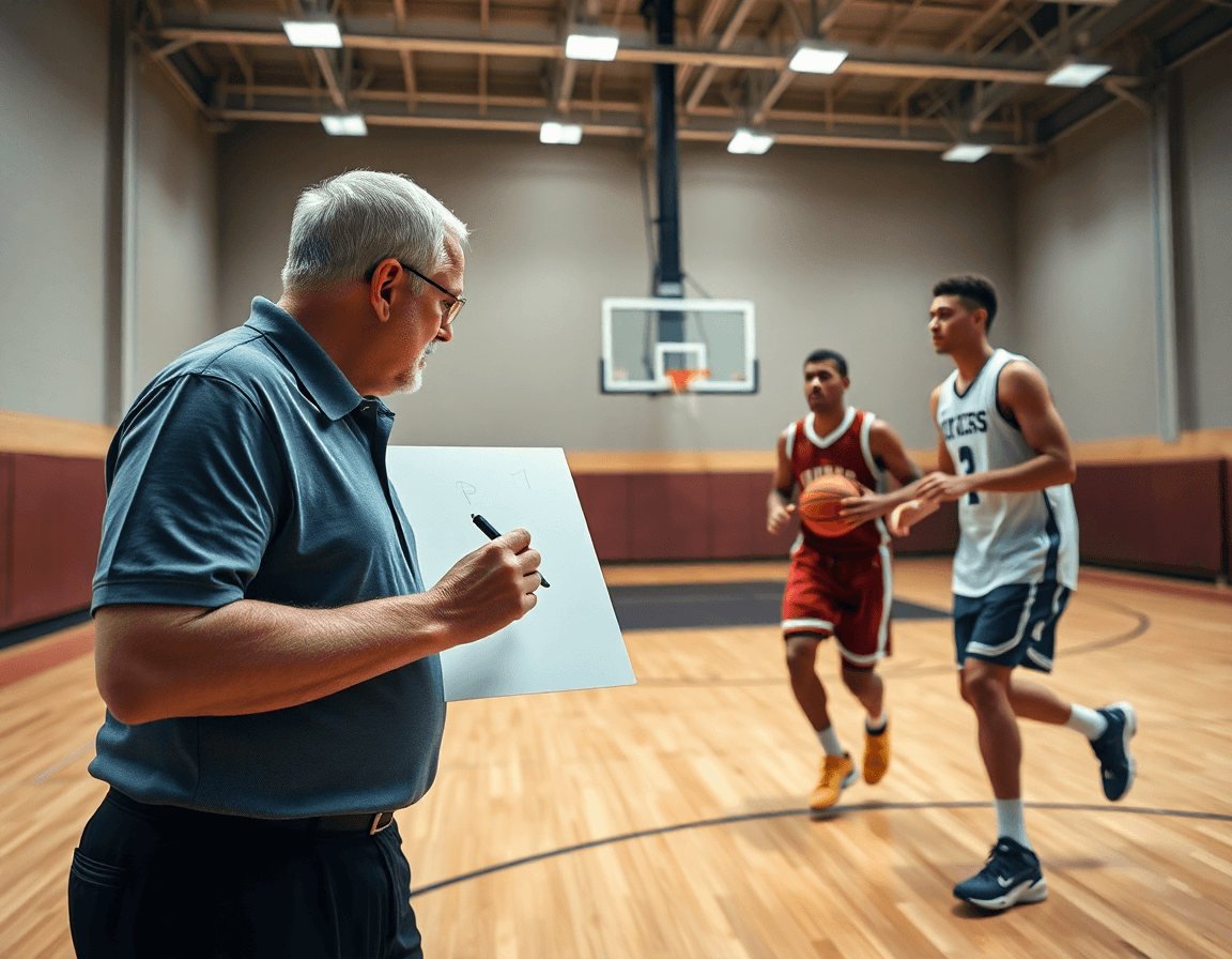 Primo piano di basket: allenatore disegna su una whiteboard mentre due giocatori lavorano serie; ala basket le havre.