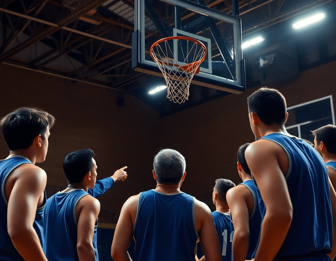 Allenatore indica una whiteboard tattica mentre i giocatori analizzano una scouting per ala basket le havre.