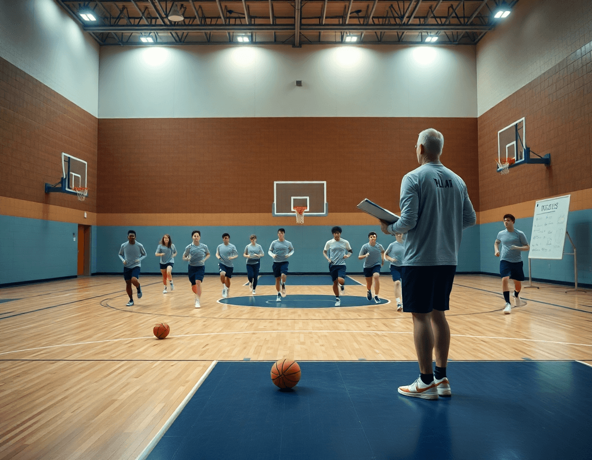 Vista ampia di una palestra di basket con coach e squadra durante l'allenamento dell'ala basket le havre.