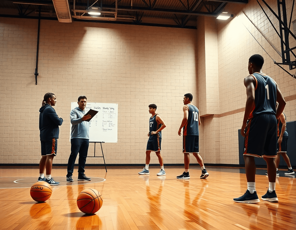 Scena intensa di basket u18 in palestra, coach e atleti osservano la lavagna tattica.